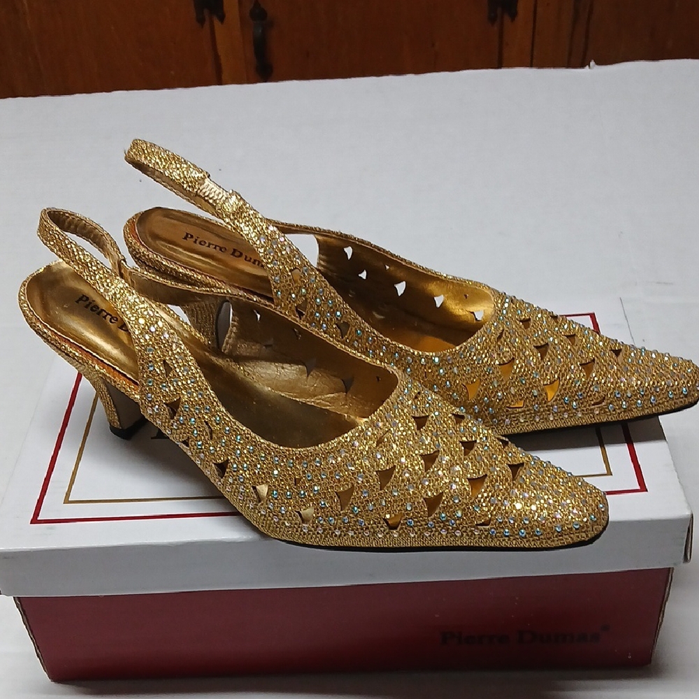 Pierre Dumas Renetti-33 Gold Glitter Crystal Sequin Slingback Heels Pumps Sz 10